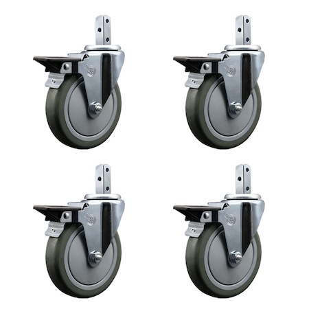 Service Caster 5'' Gray Poly Wheel Swivel 3/4'' Square Stem Caster Set with Brake, 4PK SCC-SQ20S514-PPUB-GRY-PLB-34-4